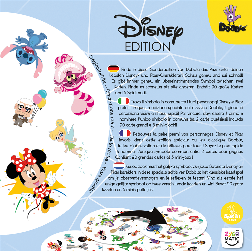 Dobble Disney NL kaartspel verpakking met Disney en Pixar figuren - detailfoto