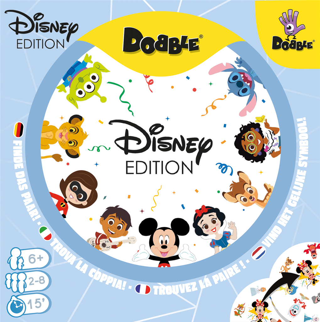 Dobble Disney NL kaartspel verpakking met Disney en Pixar figuren - achteraanzicht