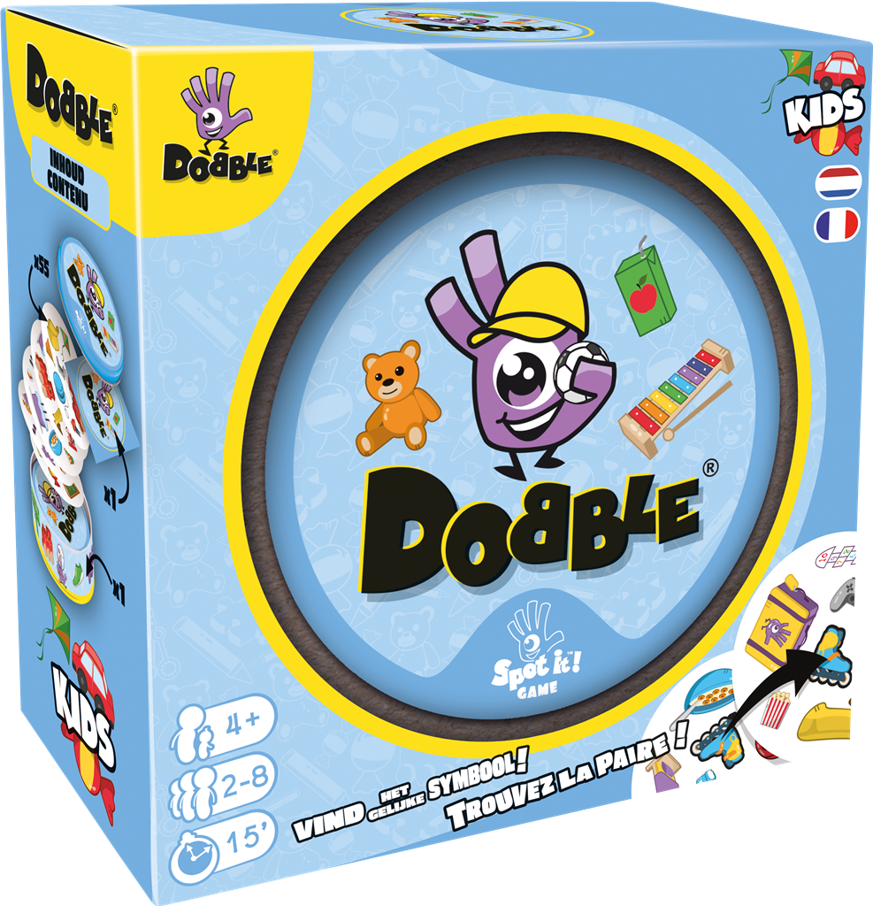 Dobble Kids kaartspel van uitgever Asmodee in metalen blik - vooraanzicht