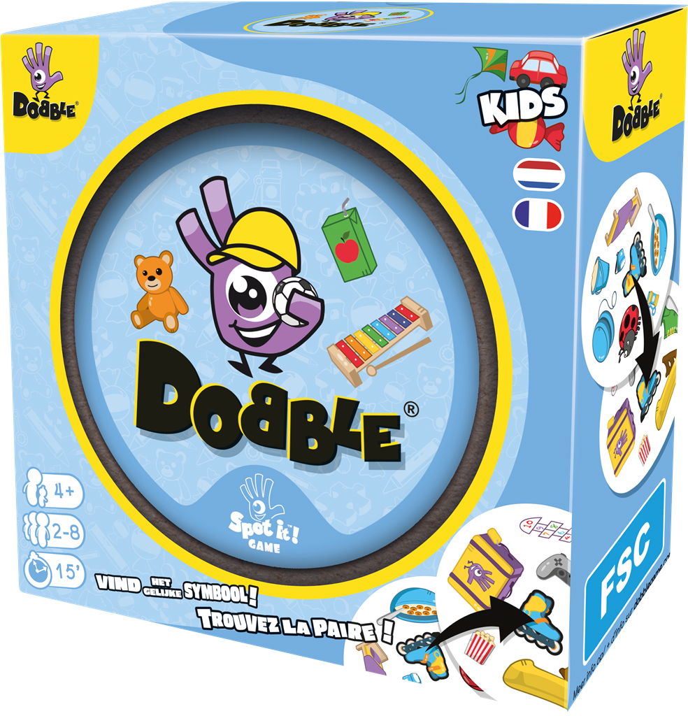 Dobble Kids kaartspel van uitgever Asmodee in metalen blik - zijaanzicht