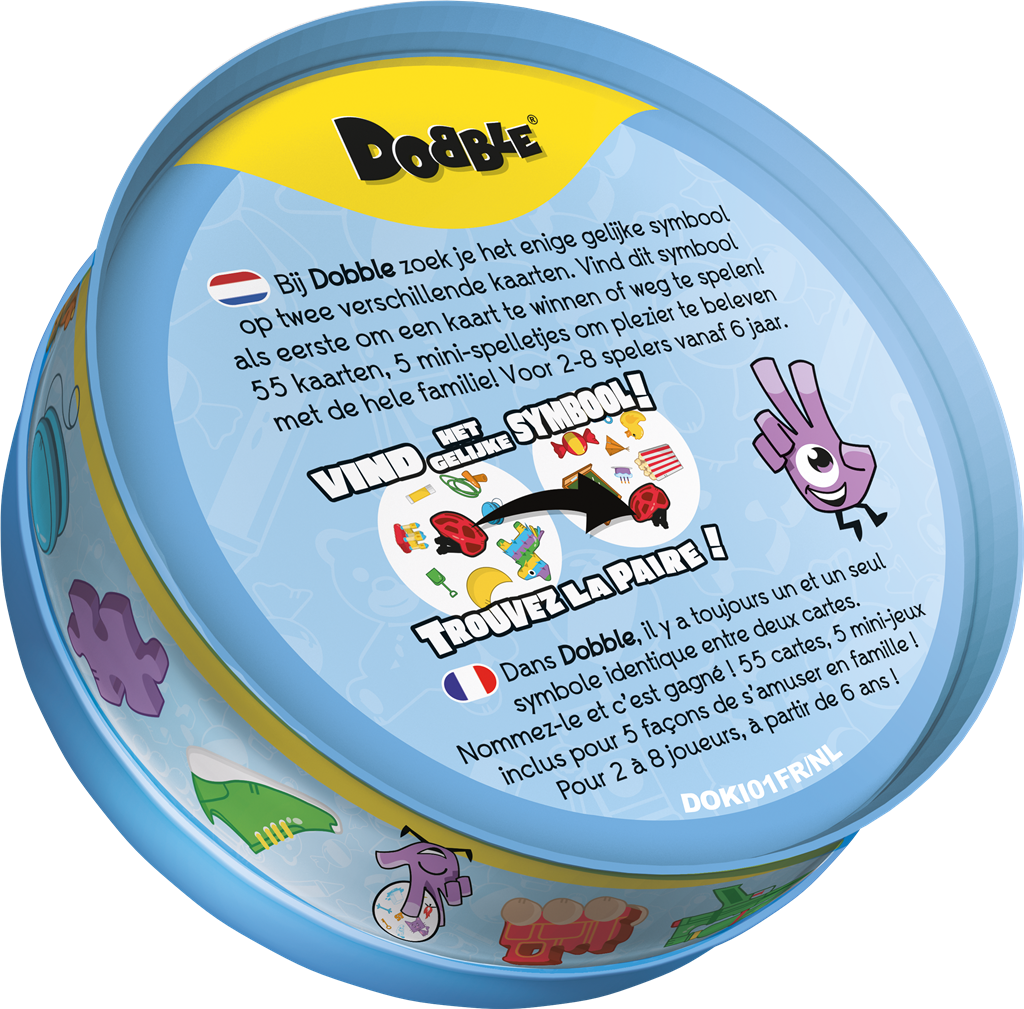 Dobble Kids kaartspel van uitgever Asmodee in metalen blik - detailfoto