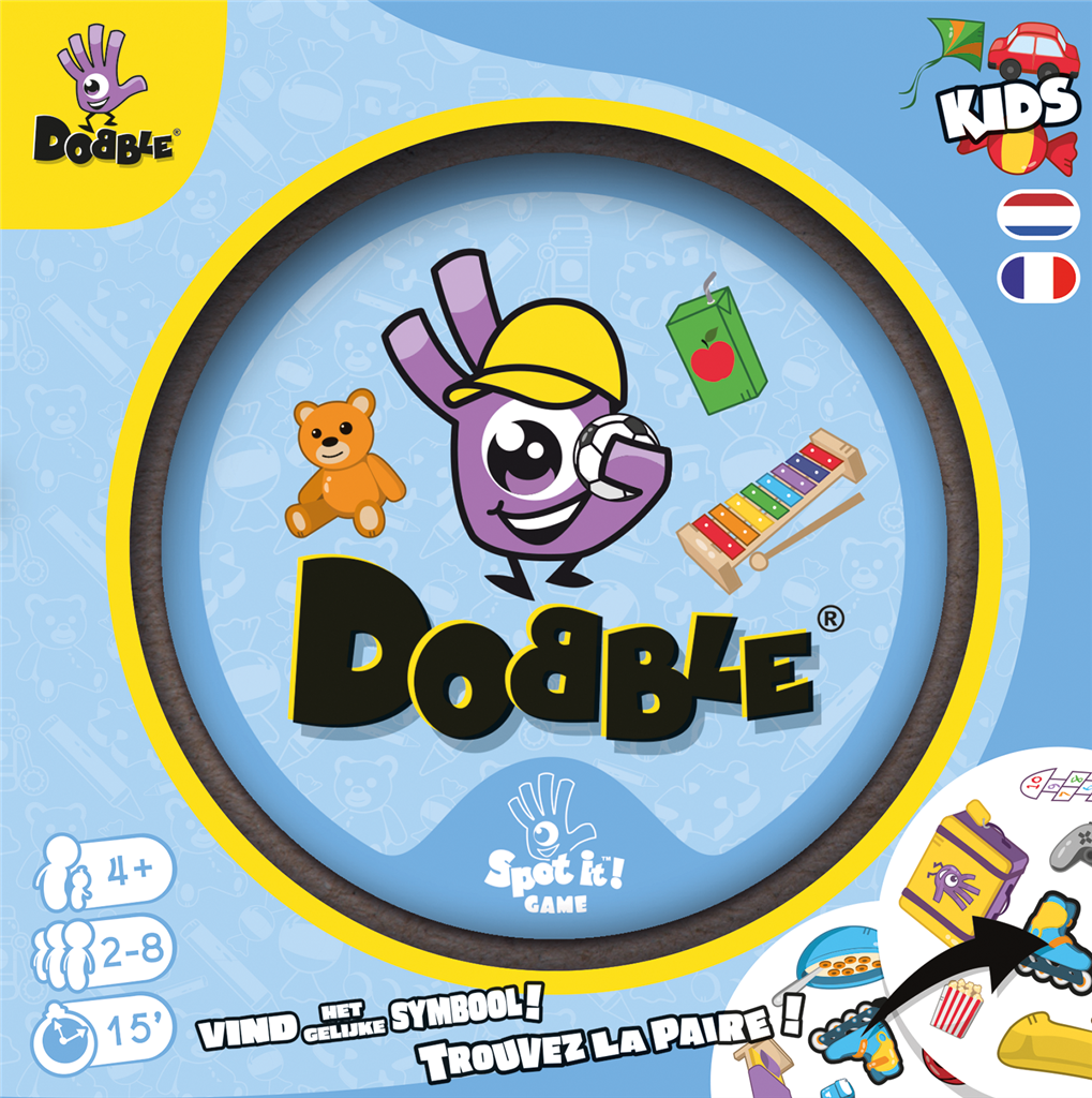 Dobble Kids kaartspel van uitgever Asmodee in metalen blik - zijaanzicht