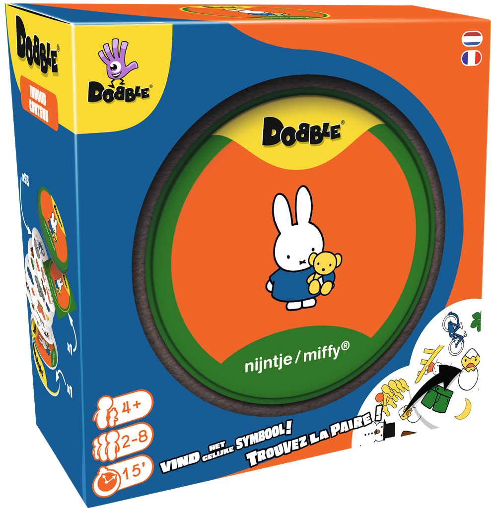 Dobble Nijntje Miffy kaartspel in ronde blikken doos met vrolijke illustraties - vooraanzicht