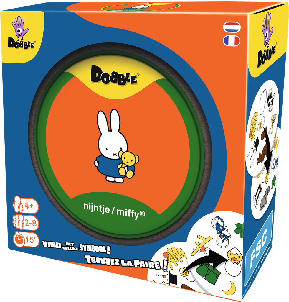 Dobble Nijntje Miffy kaartspel in ronde blikken doos met vrolijke illustraties - verpakking