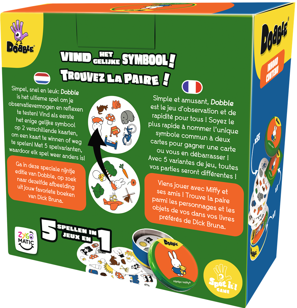 Dobble Nijntje Miffy kaartspel in ronde blikken doos met vrolijke illustraties - zijaanzicht
