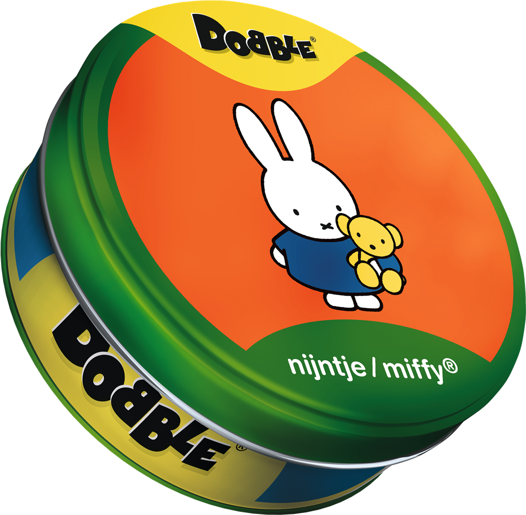 Dobble Nijntje Miffy kaartspel in ronde blikken doos met vrolijke illustraties - detailfoto