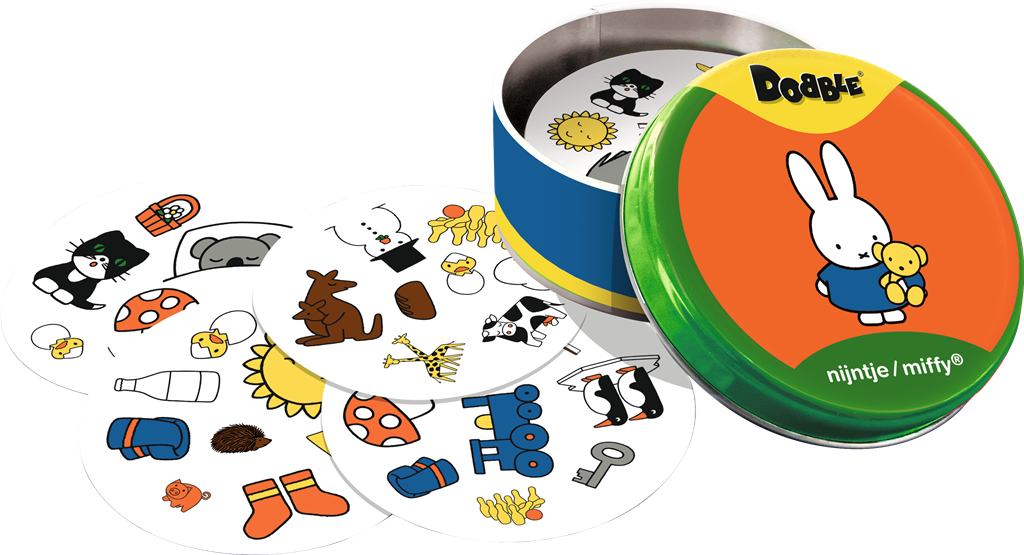 Dobble Nijntje Miffy kaartspel in ronde blikken doos met vrolijke illustraties - achteraanzicht