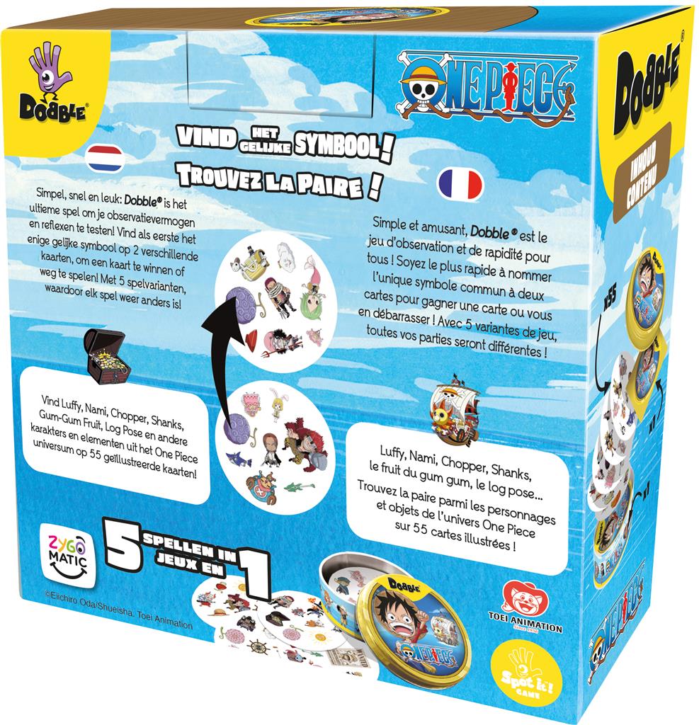 Dobble One Piece bordspel met 55 kaarten in een metalen opbergdoosje - zijaanzicht