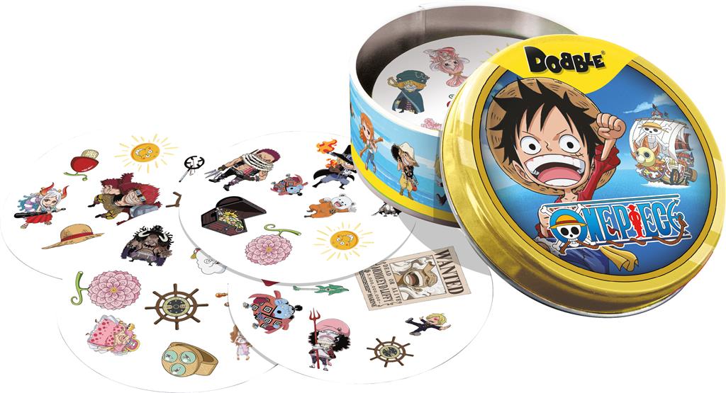 Dobble One Piece bordspel met 55 kaarten in een metalen opbergdoosje - achteraanzicht