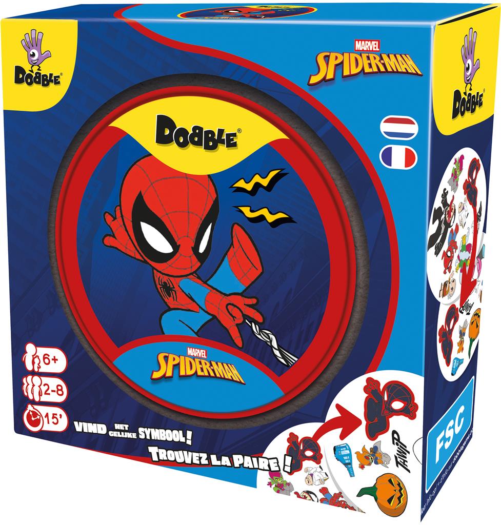 Dobble Spider-Man blikken doosje met kaarten en Marvel symbolen - vooraanzicht