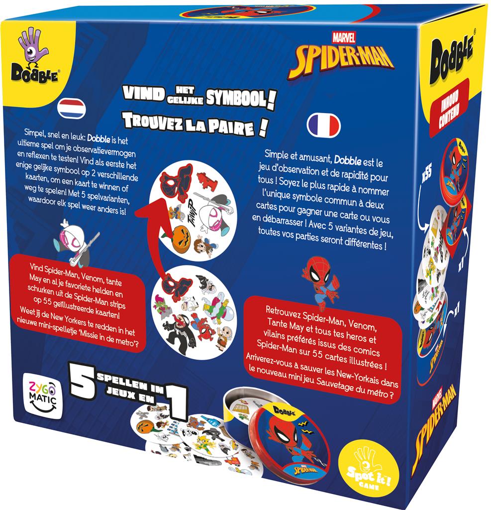 Dobble Spider-Man blikken doosje met kaarten en Marvel symbolen - verpakking