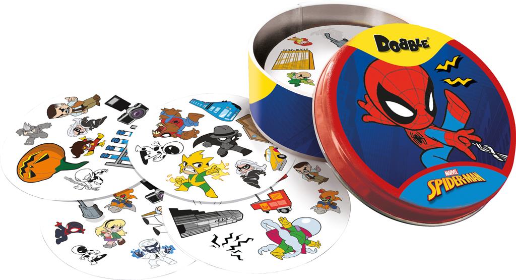 Dobble Spider-Man blikken doosje met kaarten en Marvel symbolen - zijaanzicht