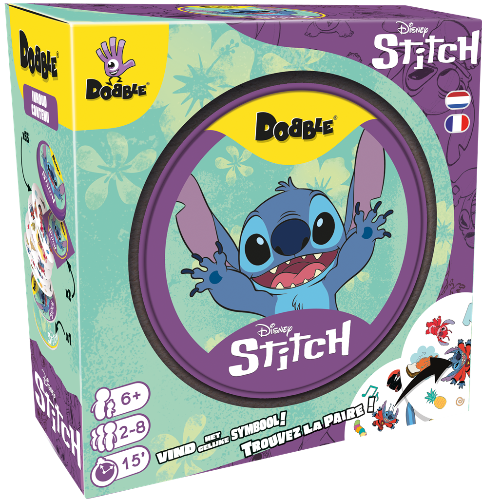 Dobble Stitch kaartspel blikken doos met ronde kaarten en Disney personages - vooraanzicht