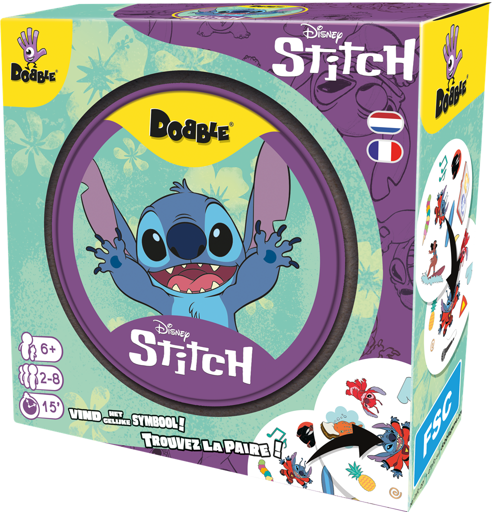 Dobble Stitch kaartspel blikken doos met ronde kaarten en Disney personages - verpakking