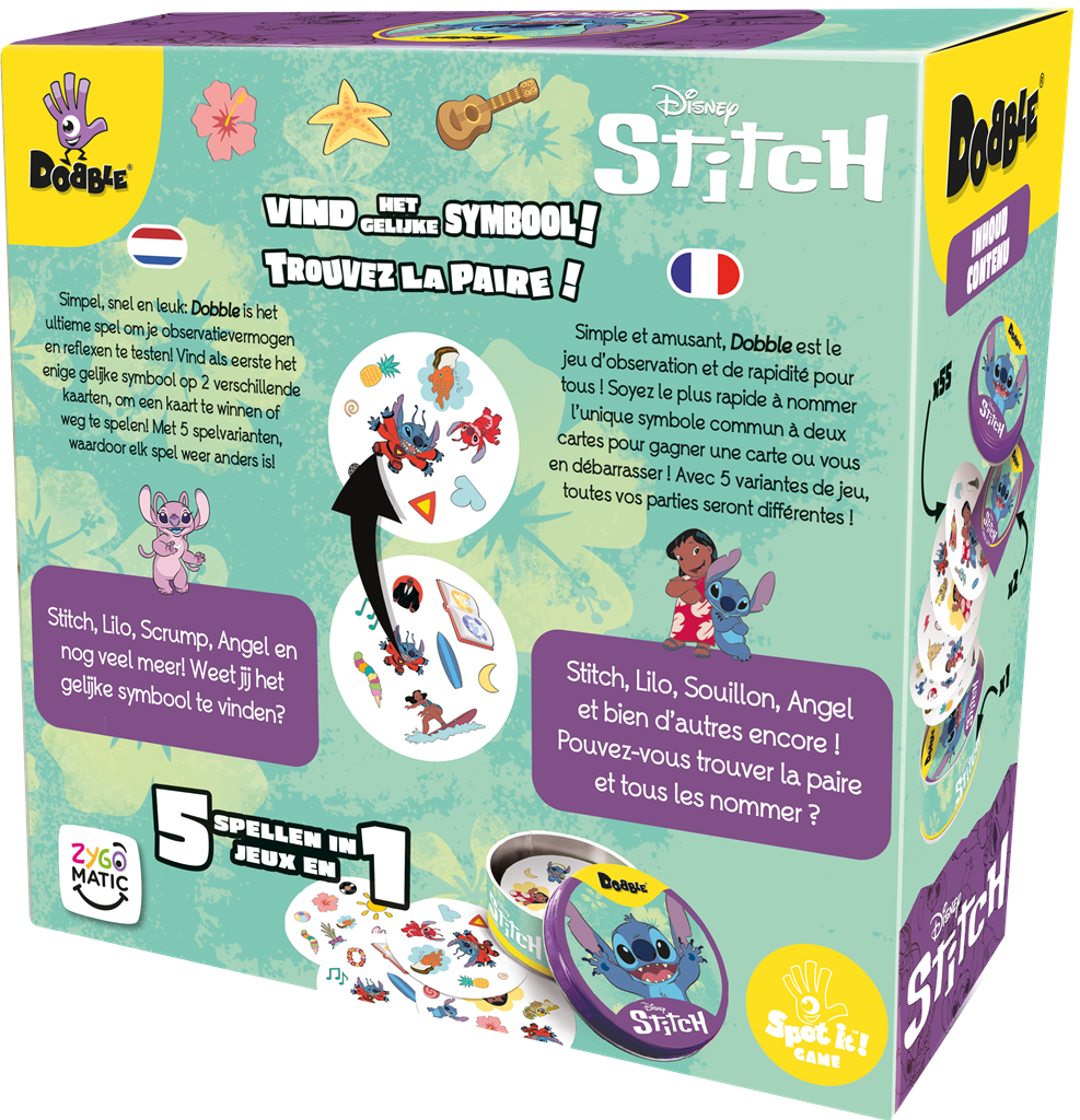 Dobble Stitch kaartspel blikken doos met ronde kaarten en Disney personages - zijaanzicht