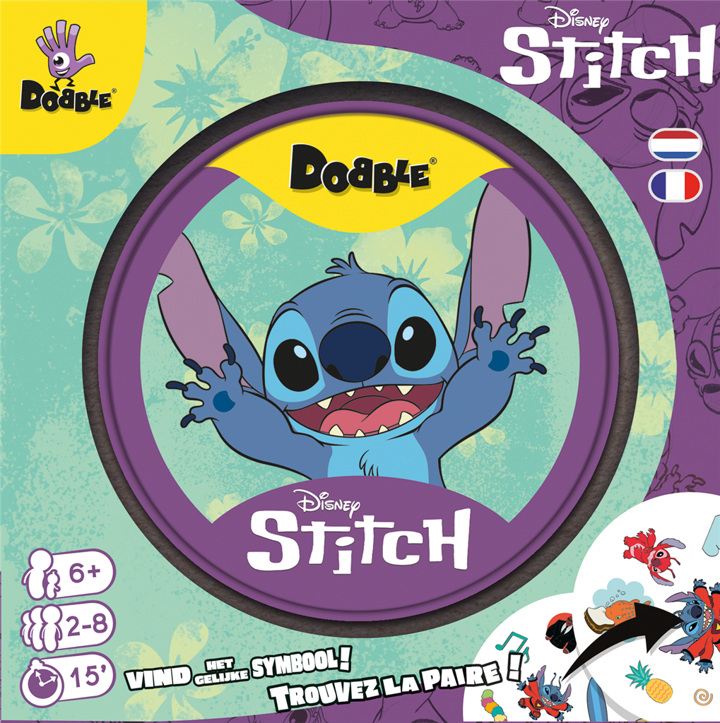Dobble Stitch kaartspel blikken doos met ronde kaarten en Disney personages - detailfoto
