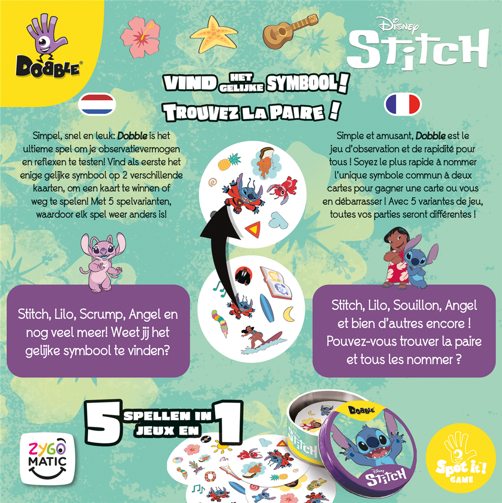 Dobble Stitch kaartspel blikken doos met ronde kaarten en Disney personages - achteraanzicht