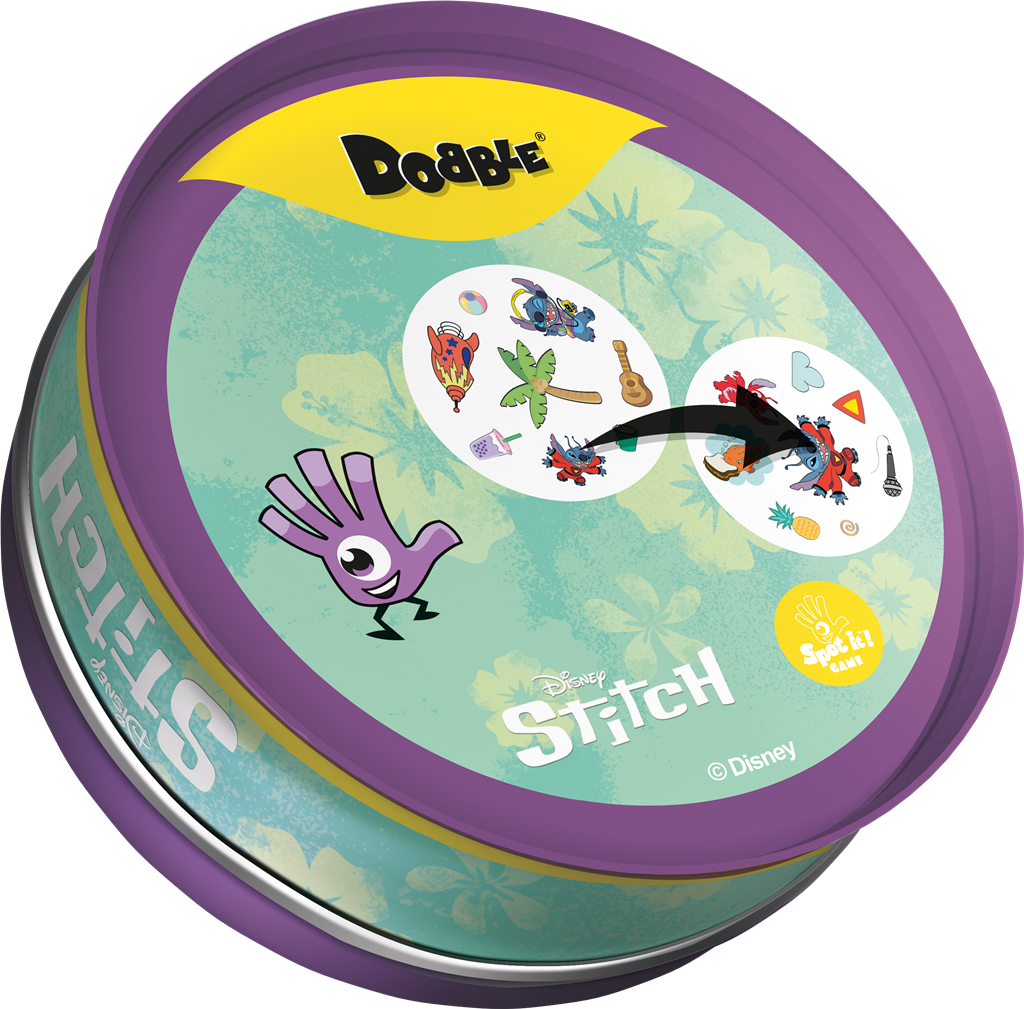 Dobble Stitch kaartspel blikken doos met ronde kaarten en Disney personages - vooraanzicht