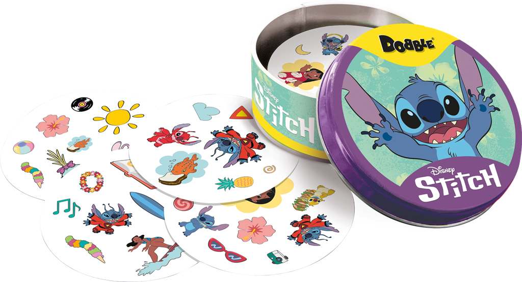 Dobble Stitch kaartspel blikken doos met ronde kaarten en Disney personages - zijaanzicht