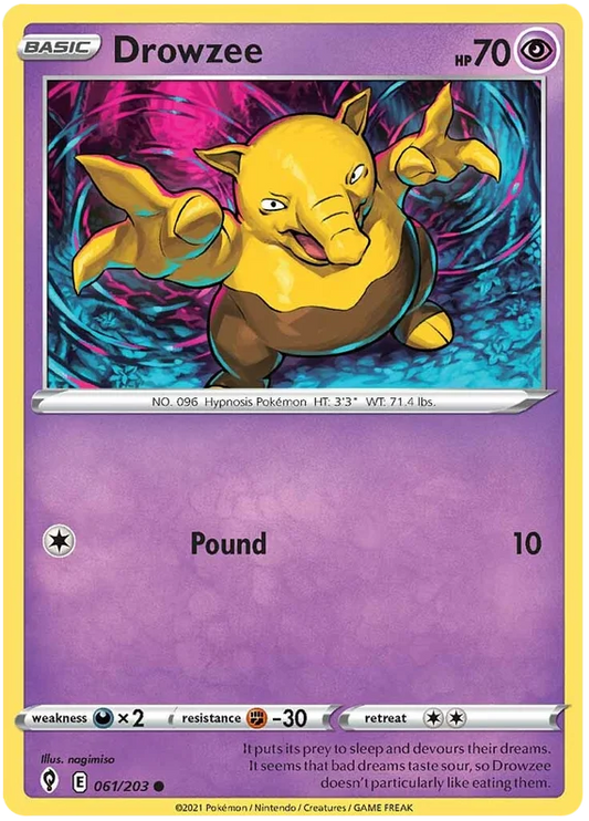 Drowzee common kaart uit Evolving Skies – psychic Pokémon voor je Pokémon verzameling