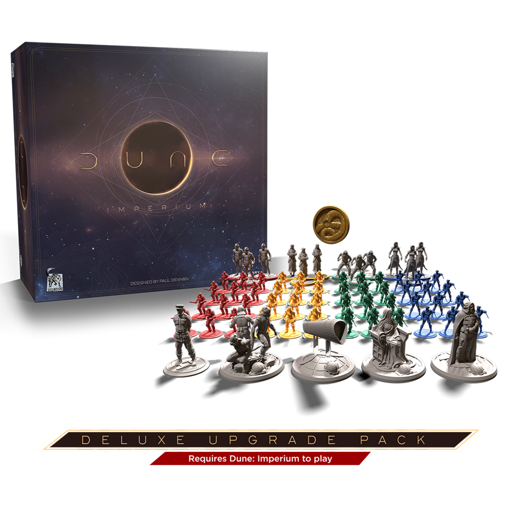 Dune Imperium Deluxe Upgrade Pack Engels met luxe miniaturen, first player coin en opslagtrays voor een meeslepende spelervaring