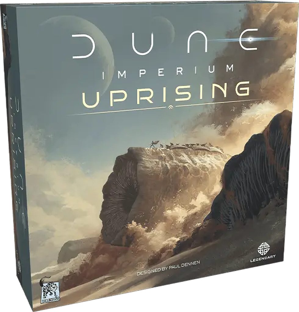 Dune Imperium Uprising bordspel doos met Fremen krijger en Arrakis illustratie