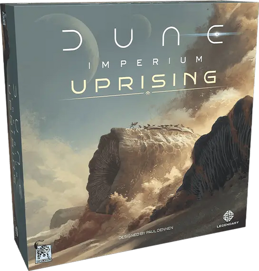 Dune Imperium Uprising bordspel doos met Fremen krijger en Arrakis illustratie