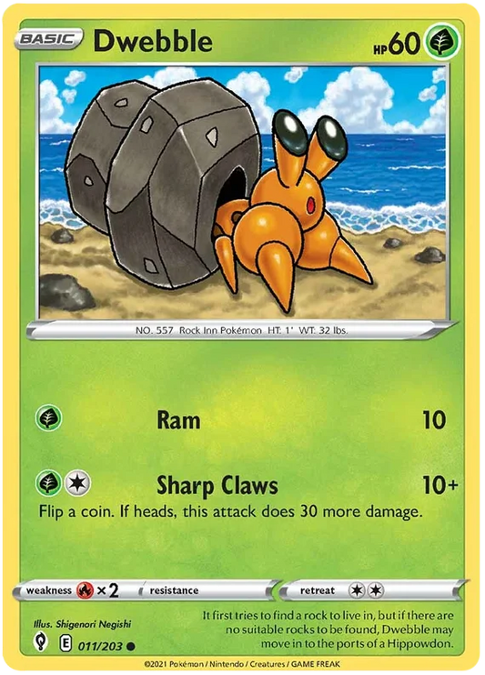 Dwebble Pokémon kaart uit Evolving Skies, common grass type kaart voor je Pokémon verzameling of grass deck