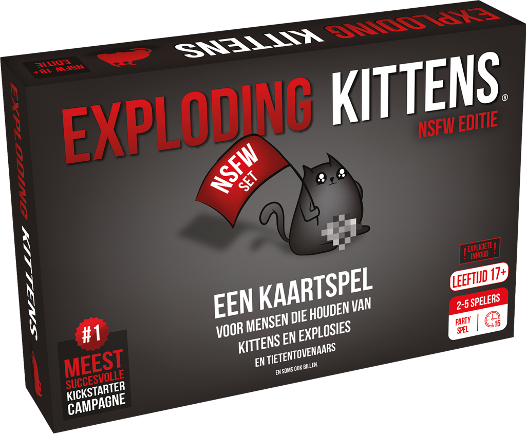 De doos van Exploding Kittens NSFW Editie Nederlandse versie kaartspel op een tafel - vooraanzicht
