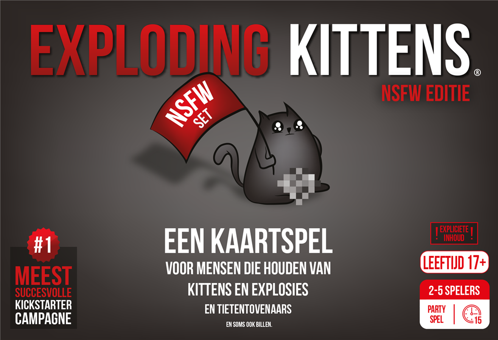 De doos van Exploding Kittens NSFW Editie Nederlandse versie kaartspel op een tafel - verpakking