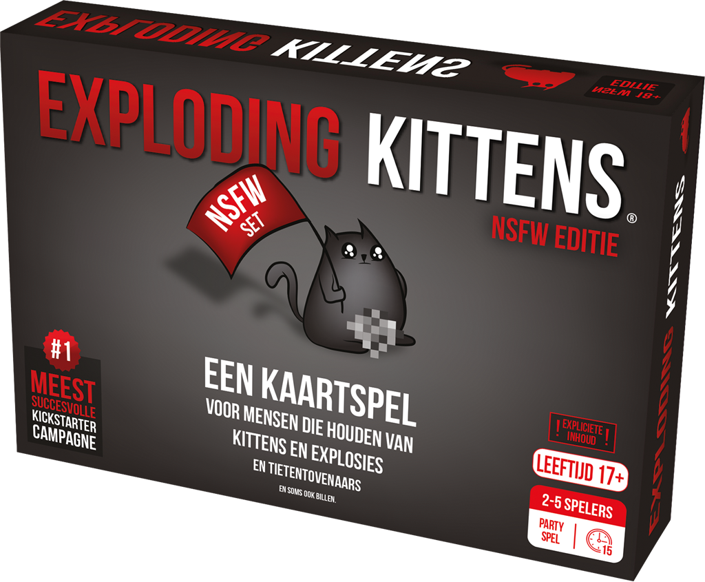 De doos van Exploding Kittens NSFW Editie Nederlandse versie kaartspel op een tafel - zijaanzicht