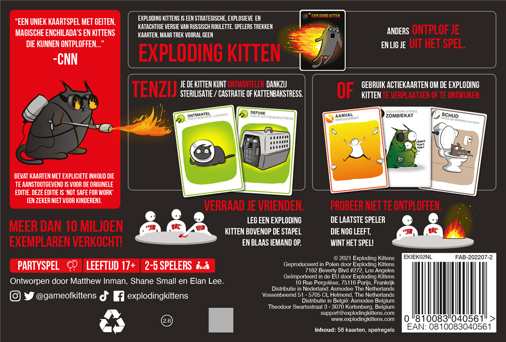 De doos van Exploding Kittens NSFW Editie Nederlandse versie kaartspel op een tafel - detailfoto