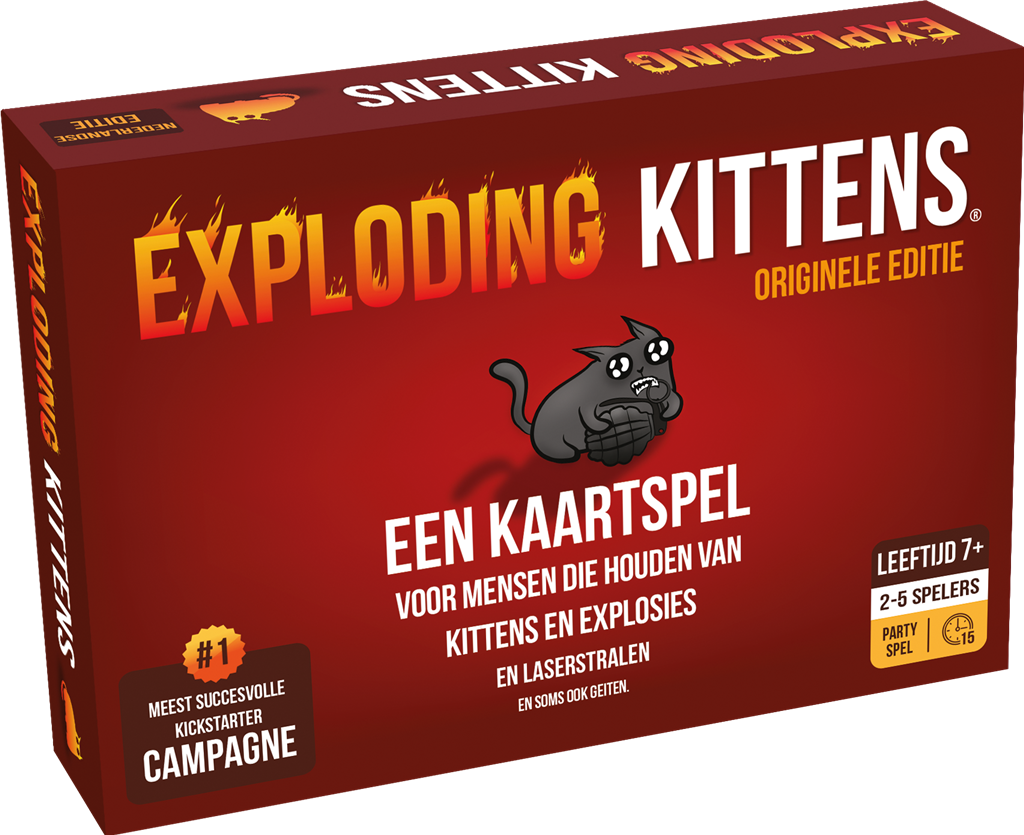 De rode doos van de Nederlandse originele editie van het kaartspel Exploding Kittens met illustraties van katten - vooraanzicht