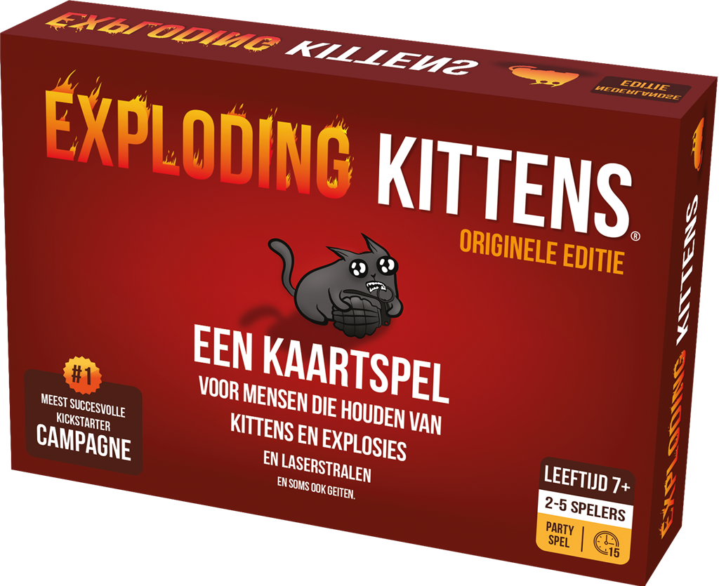 De rode doos van de Nederlandse originele editie van het kaartspel Exploding Kittens met illustraties van katten - verpakking