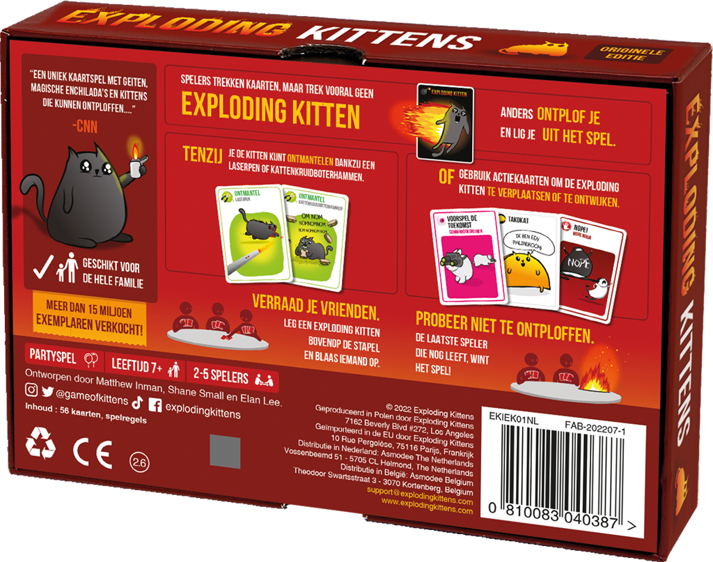 De rode doos van de Nederlandse originele editie van het kaartspel Exploding Kittens met illustraties van katten - zijaanzicht