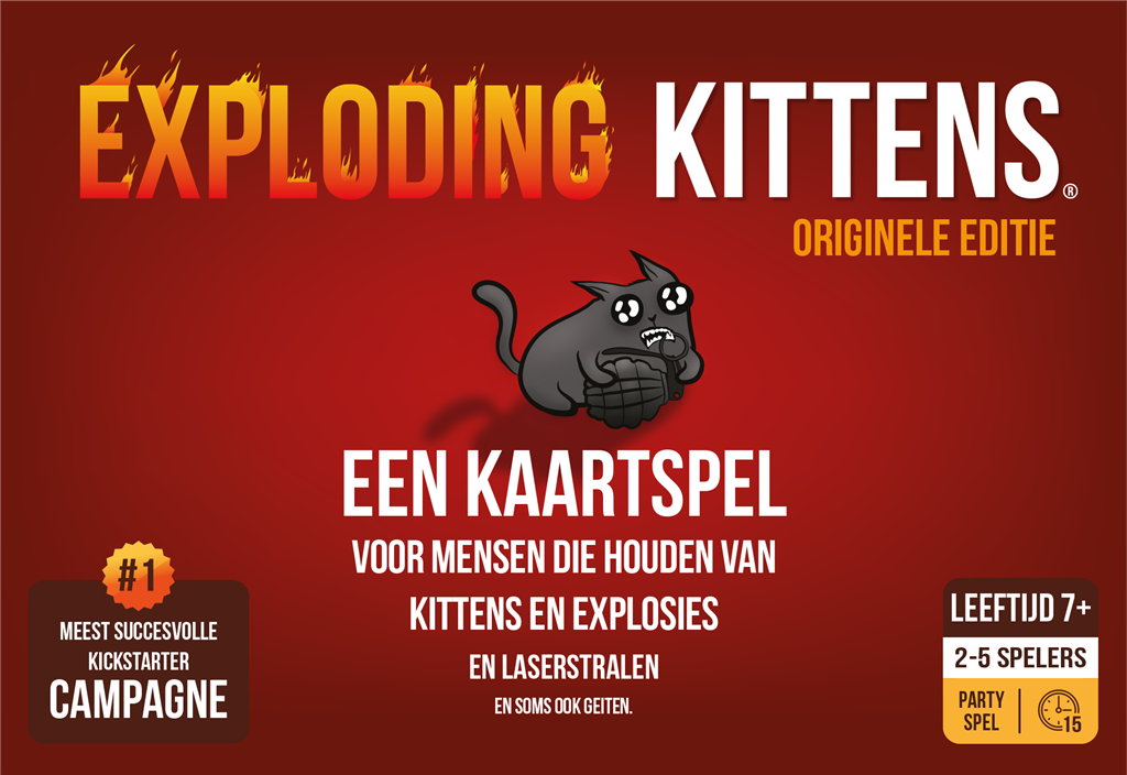 De rode doos van de Nederlandse originele editie van het kaartspel Exploding Kittens met illustraties van katten - detailfoto