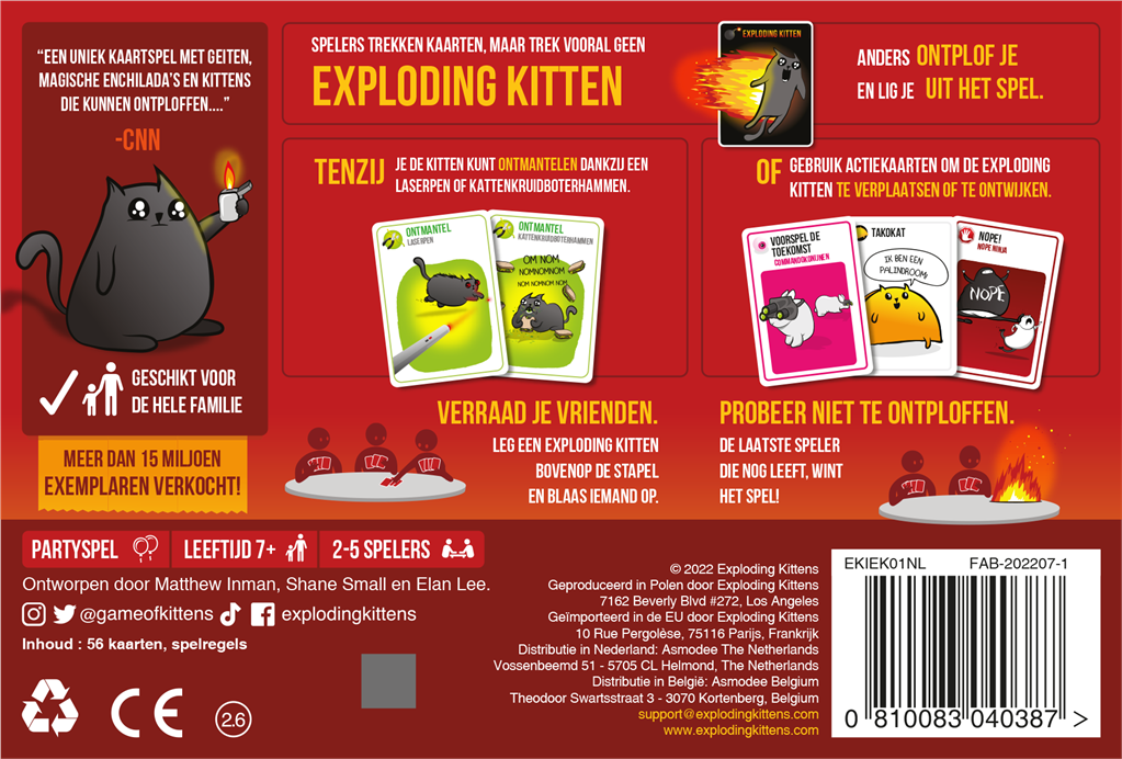 De rode doos van de Nederlandse originele editie van het kaartspel Exploding Kittens met illustraties van katten - achteraanzicht