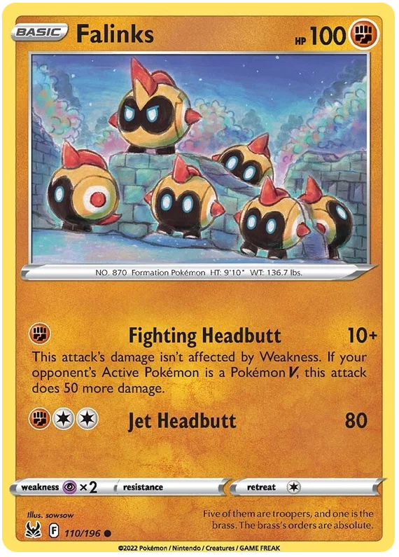 Falinks common kaart #110/196 uit de Pokémon Lost Origin set met Fighting Headbutt en Jet Headbutt aanvallen