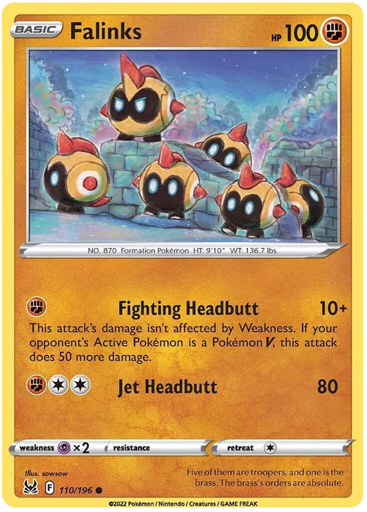 Falinks common kaart #110/196 uit de Pokémon Lost Origin set met Fighting Headbutt en Jet Headbutt aanvallen