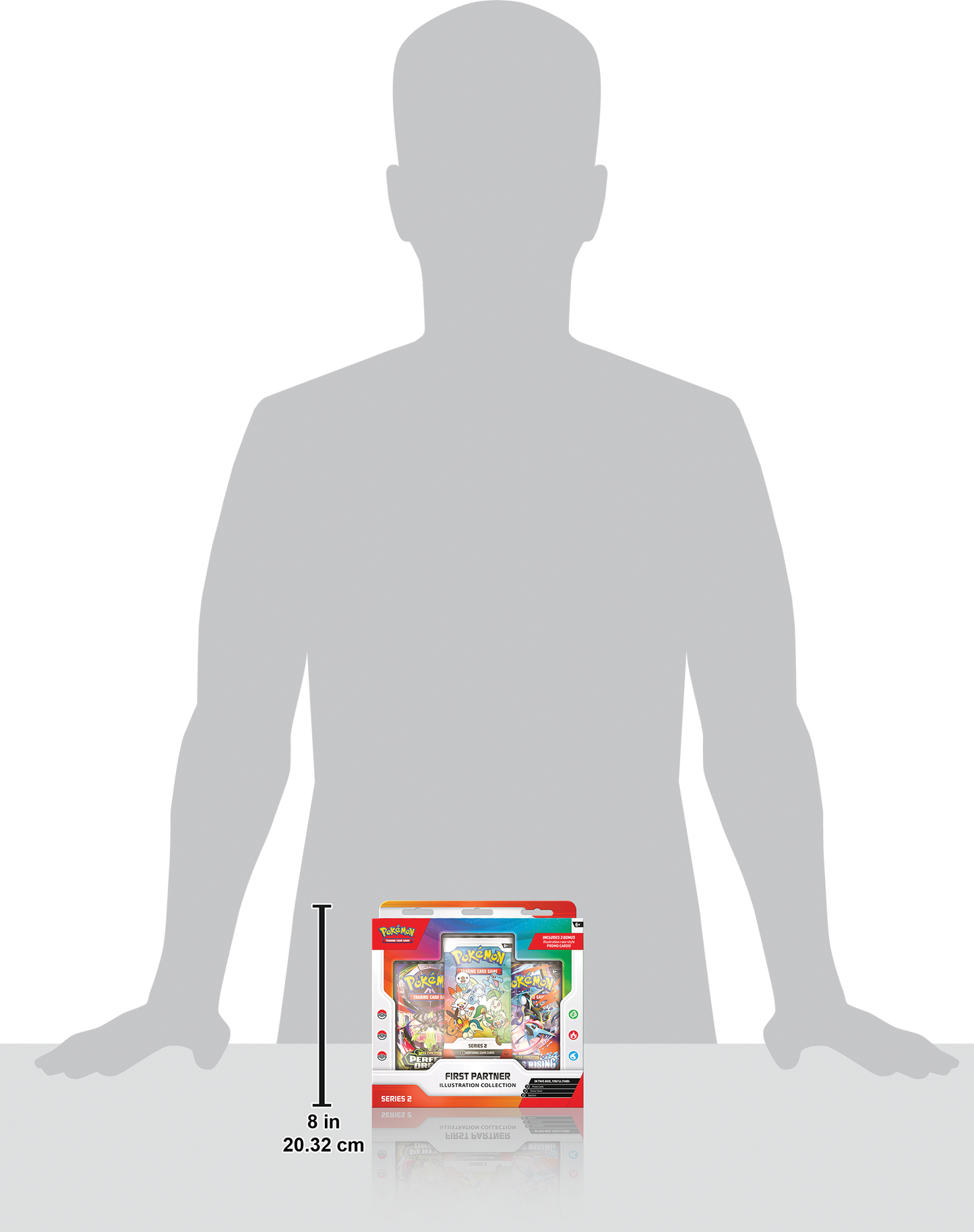 Formaatvergelijking van de First Partner Collection Box naast een menselijke gestalte.