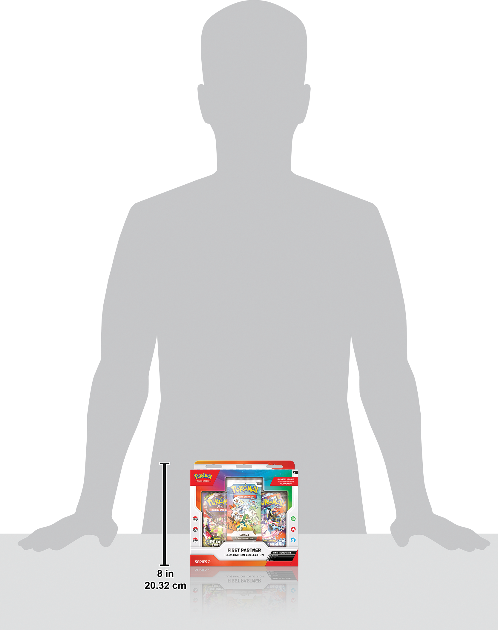 Formaatvergelijking van de First Partner Collection Box naast een menselijke gestalte.
