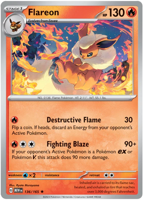 Flareon holo kaart #136/165 uit de Pokémon 151 set