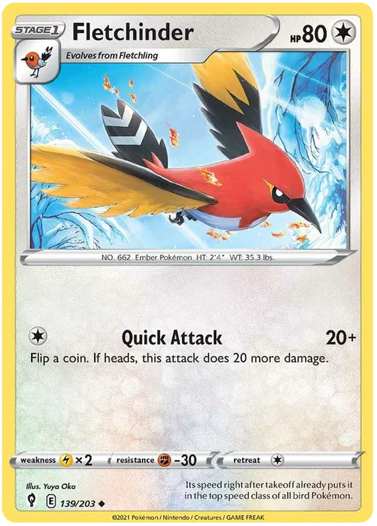 Fletchinder #139 common Normal Pokémon kaart uit Evolving Skies voor je Pokémon verzameling