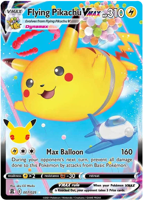 Flying Pikachu VMAX #007/025 Pokemon kaart uit de Celebrations set met ballonnen en luchtschip illustratie