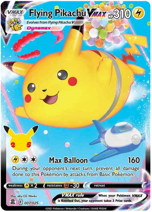 Flying Pikachu VMAX #007/025 Pokemon kaart uit de Celebrations set met ballonnen en luchtschip illustratie