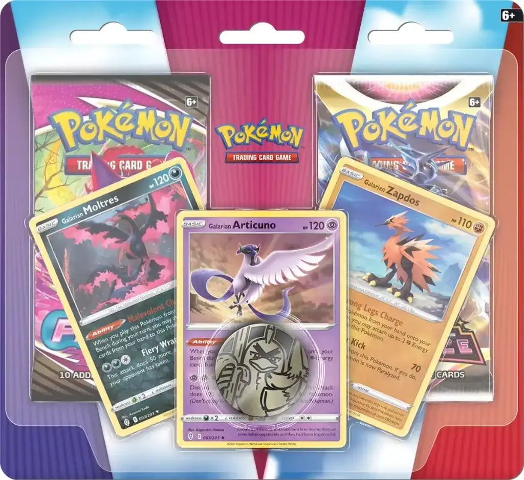 Pokémon Enhanced 2 Pack Blister Pack met Galarian Moltres, Articuno, Zapdos promo kaarten, Sir Farfetch’d munt en 2 boosterpacks.
