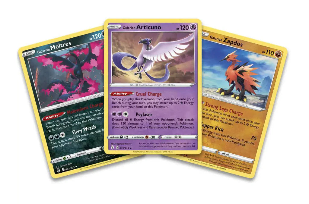 Pokémon Enhanced 2 Pack Blister Pack met Galarian Moltres, Articuno, Zapdos promo kaarten, Sir Farfetch’d munt en 2 boosterpacks.