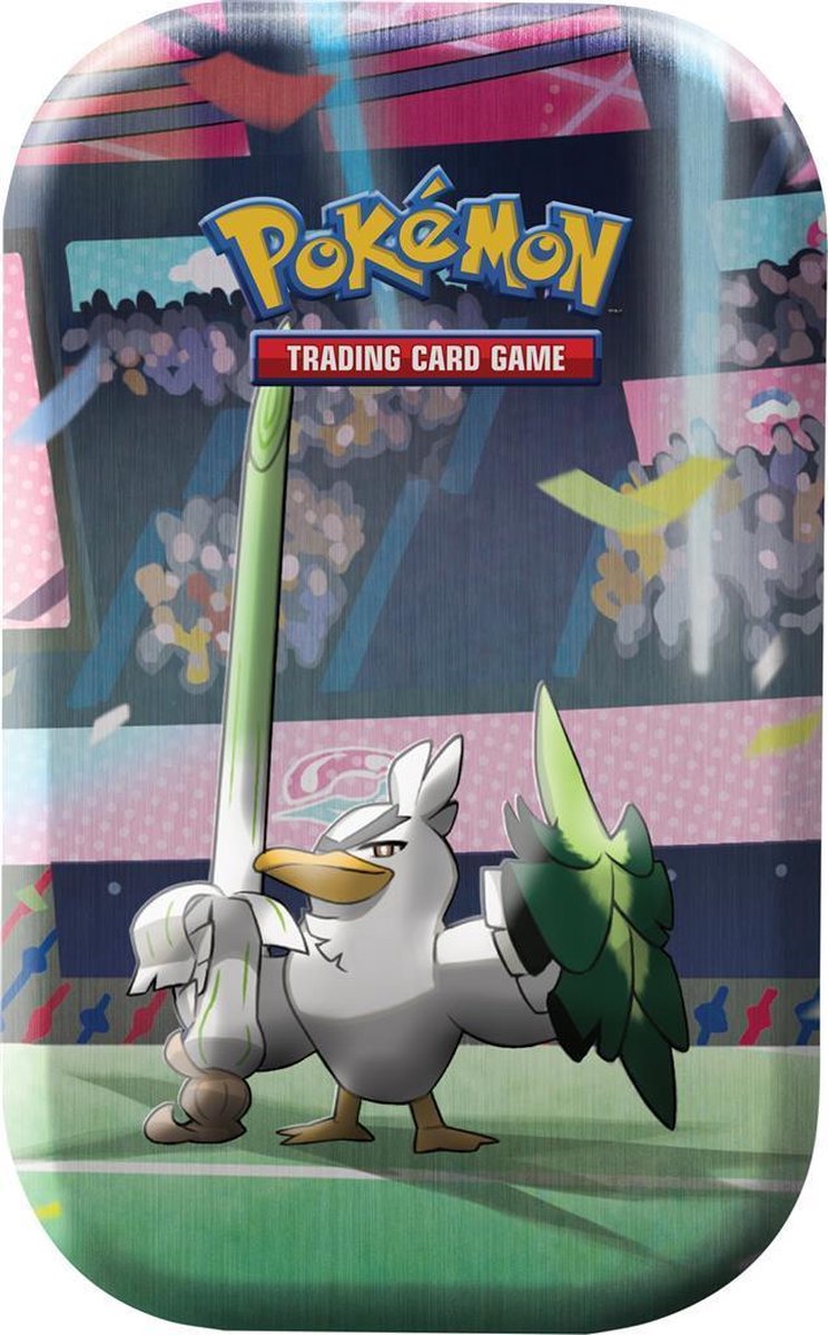 Mini tin van de Galar Power-serie met Pokémon-afbeeldingen, waaronder Galarian Ponyta, Galarian Farfetch'd, Galarian Rapidash, Dragapult, Obstagoon, Sirfetch'd en Toxtricity.