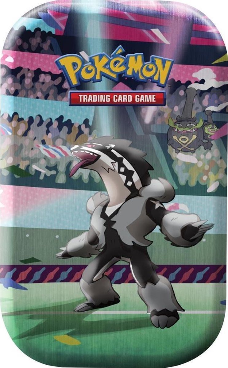 Mini tin van de Galar Power-serie met Pokémon-afbeeldingen, waaronder Galarian Ponyta, Galarian Farfetch'd, Galarian Rapidash, Dragapult, Obstagoon, Sirfetch'd en Toxtricity.