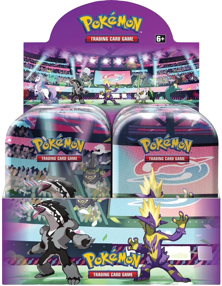 Mini tin van de Galar Power-serie met Pokémon-afbeeldingen, waaronder Galarian Ponyta, Galarian Farfetch'd, Galarian Rapidash, Dragapult, Obstagoon, Sirfetch'd en Toxtricity.